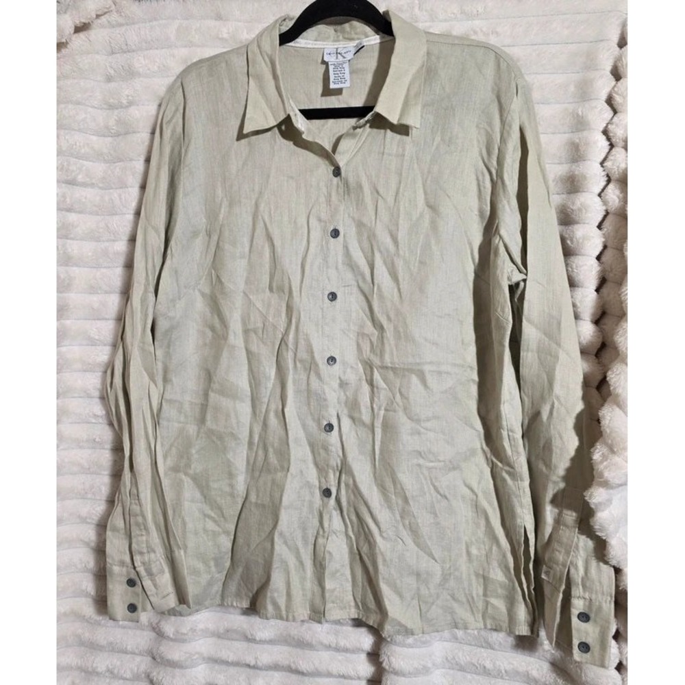 Vintage Calvin Klein Jeans Men Beige 100% Linen Button Down Shirt 90s Y2K L